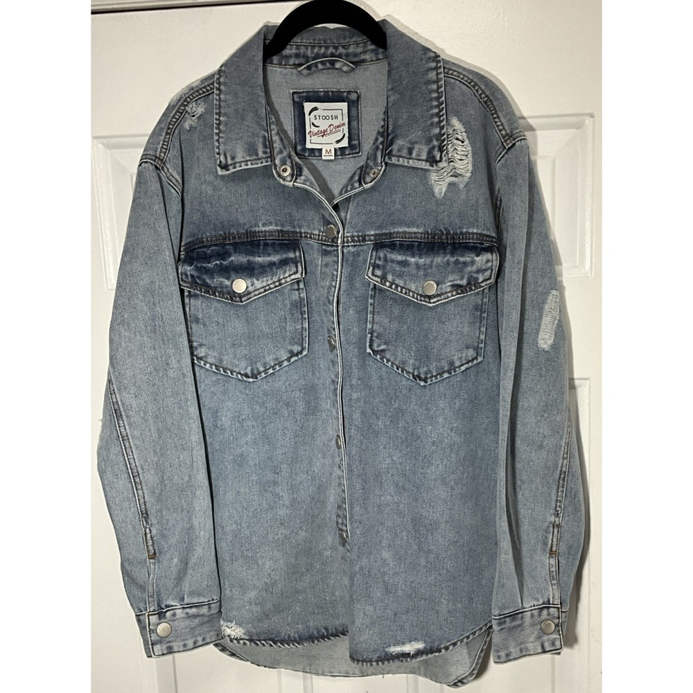 Stoosh Vintage Denim Distressed Shirt/Jacket Shacket Button Up Women's Medium